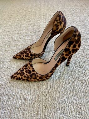 Prada Calf Hair Leopard-Print Pumps, size 6 1/2